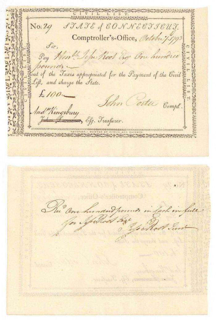 Pay Order Issued to Jesse Root and signed by him and Andrew Kingsbury and John Porter - Connecticut Revolutionary War Bonds