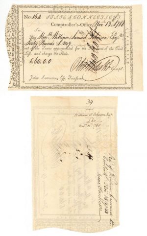 Pay Order Issued to William Samuel Johnson and signed by him and Oliver Wolcott Jr. - Connecticut Revolutionary War Bonds