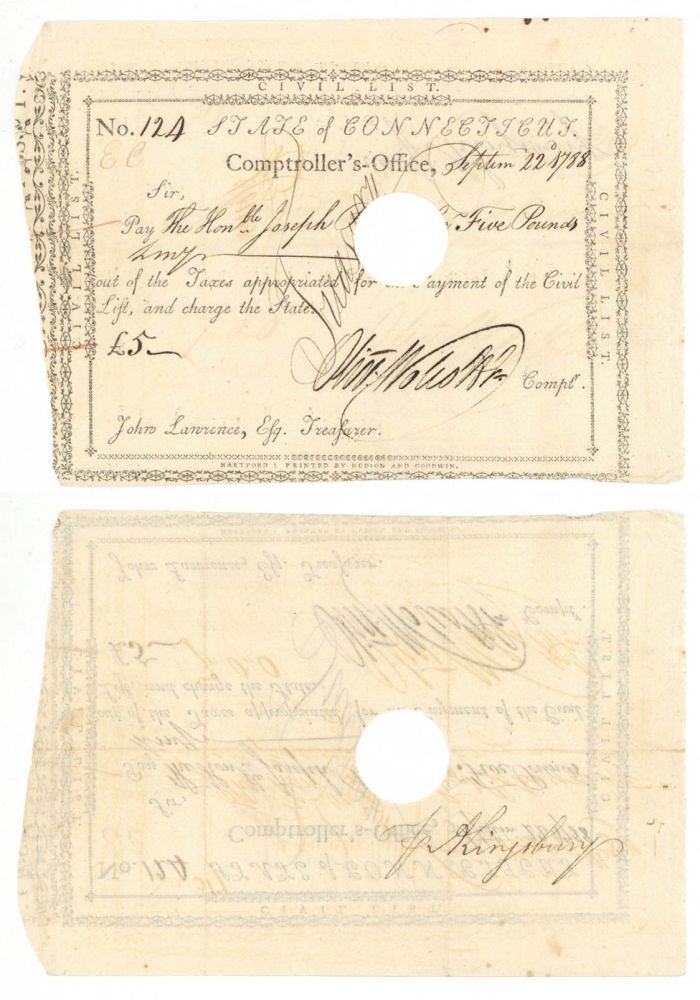 Pay Order signed by Oliver Wolcott Jr. and Andrew Kingsbury - Connecticut - Revolutionary War