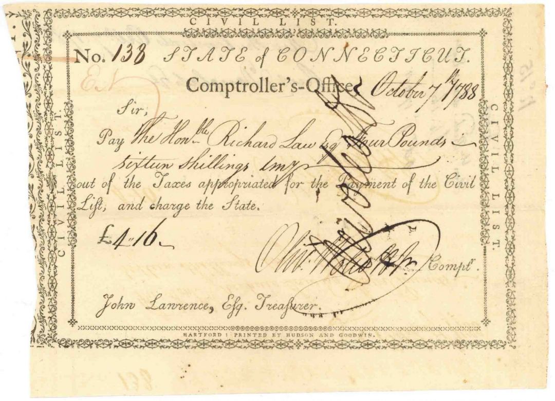 Pay Order signed twice by Oliver Wolcott Jr. - Connecticut - American Revolutionary War