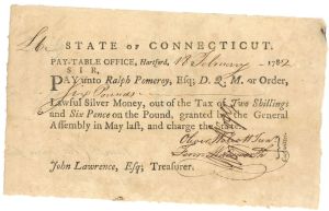 1780's dated Pay Order Signed by Oliver Wolcott Jr. - Connecticut - American Revolutionary War