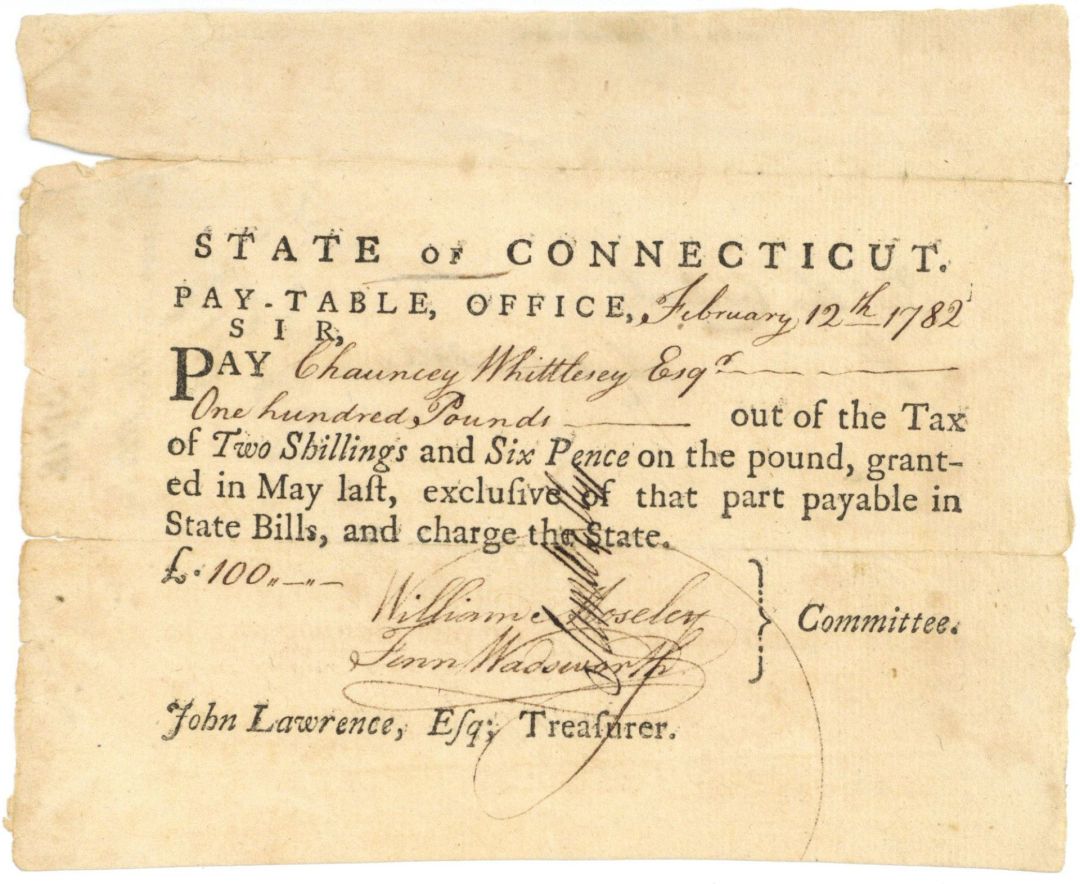 1782 dated Connecticut Pay Table Office Order - Americana - American Revolutionary War