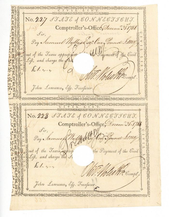 Uncut Pair of Pay Orders both Signed by Oliver Wolcott Jr. - Connecticut Revolutionary War Bonds