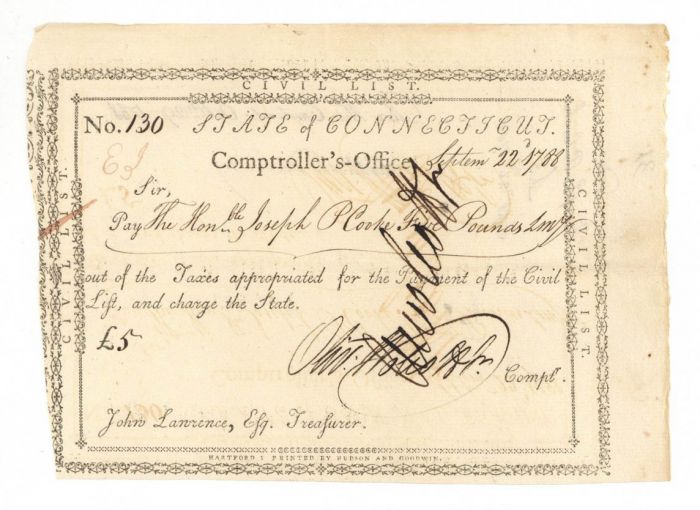 1788 Dated Pay Order Signed twice by Oliver Wolcott Jr. - Connecticut - American Revolution
