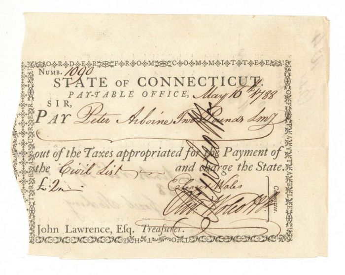 Pay Order Signed twice by Oliver Wolcott Jr. - Connecticut Revolutionary War Bonds