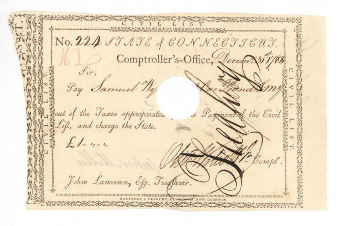 Pay Order Issued to Samuel Wyllys and Signed by Oliver Wolcott Jr. - Connecticut Revolutionary War Bonds