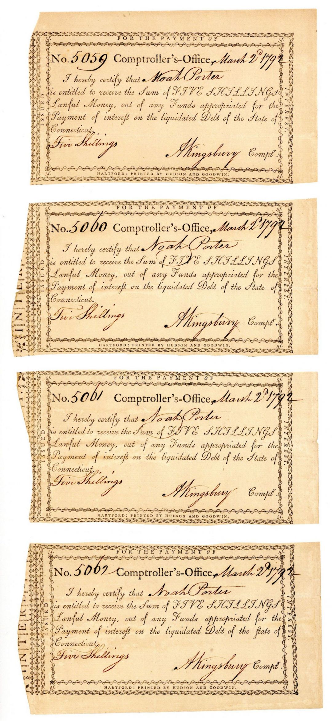 1792 Reconstructed Sheet of 4 War Receipts - Connecticut Revolutionary War Bonds, etc.