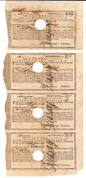 1781 dated Uncut Sheet of 3 and 1 Unattached Connecticut Receipts - American Revolutionary War