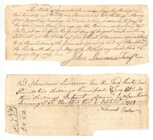 1779 dated Connecticut Continental Bill signed by John Lawrence - Connecticut - American Revolutionary War