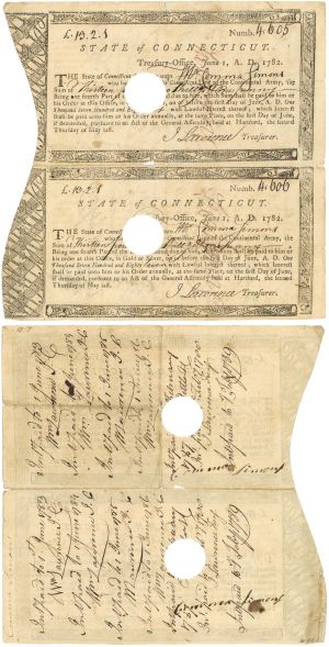 1782 dated Uncut Pair of Connecticut Line Notes Signed by African American Revolutionary War Soldier - Comma Simons