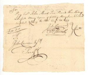 Oliver Ellsworth and Col. John Mead signed Revolutionary War Pay Order dated 1777 - Connecticut Revolutionary War Bonds, etc.