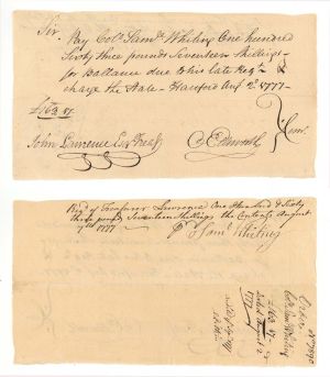 Oliver Ellsworth and Col. Samuel Whiting signed Revolutionary War Pay Order dated 1777 - Connecticut Revolutionary War Bonds, etc.