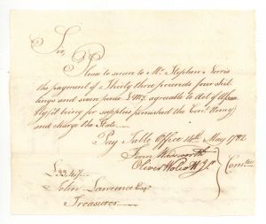 Oliver Wolcott Jr. signed Revolutionary War Pay Order - 1782 dated Connecticut Revolutionary War Autographs