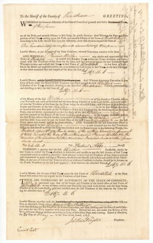 Jedediah Huntington signed sheet for Taxes for Public Service dated 1789 - Connecticut Revolutionary War Bonds, etc.