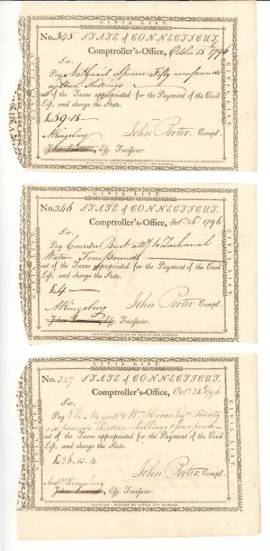 3 Payment Notes in numberical order dated 1796 - Connecticut Revolutionary War Bonds, etc.
