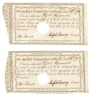 1790 dated Pair of Consecutive Serial Numbered Connecticut Line Notes - Connecticut - American Revolutionary War - Very Rare to Find