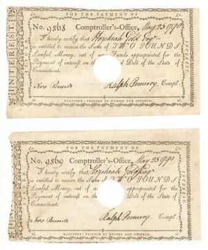 1790 dated Pair of Consecutive Serial Numbered Connecticut Line Notes -  Connecticut - American Revolutionary War - Very Rare to Find