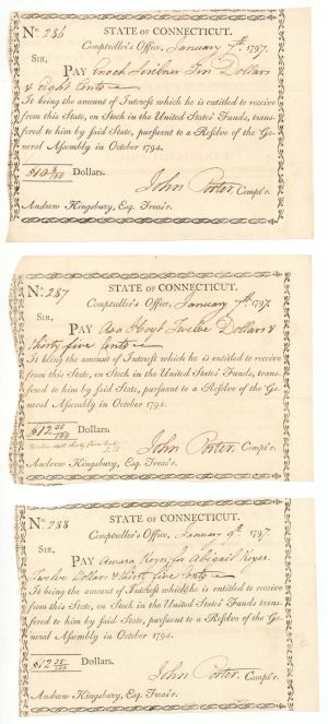 1797 dated Consecutive Serial Numbered Connecticut Line Notes -  Connecticut - American Revolutionary War - Very Rare to Find