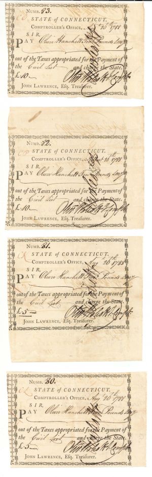 1788 dated Consecutive Serial Numbered Connecticut Line Notes -  Connecticut - American Revolutionary War - Very Rare to Find