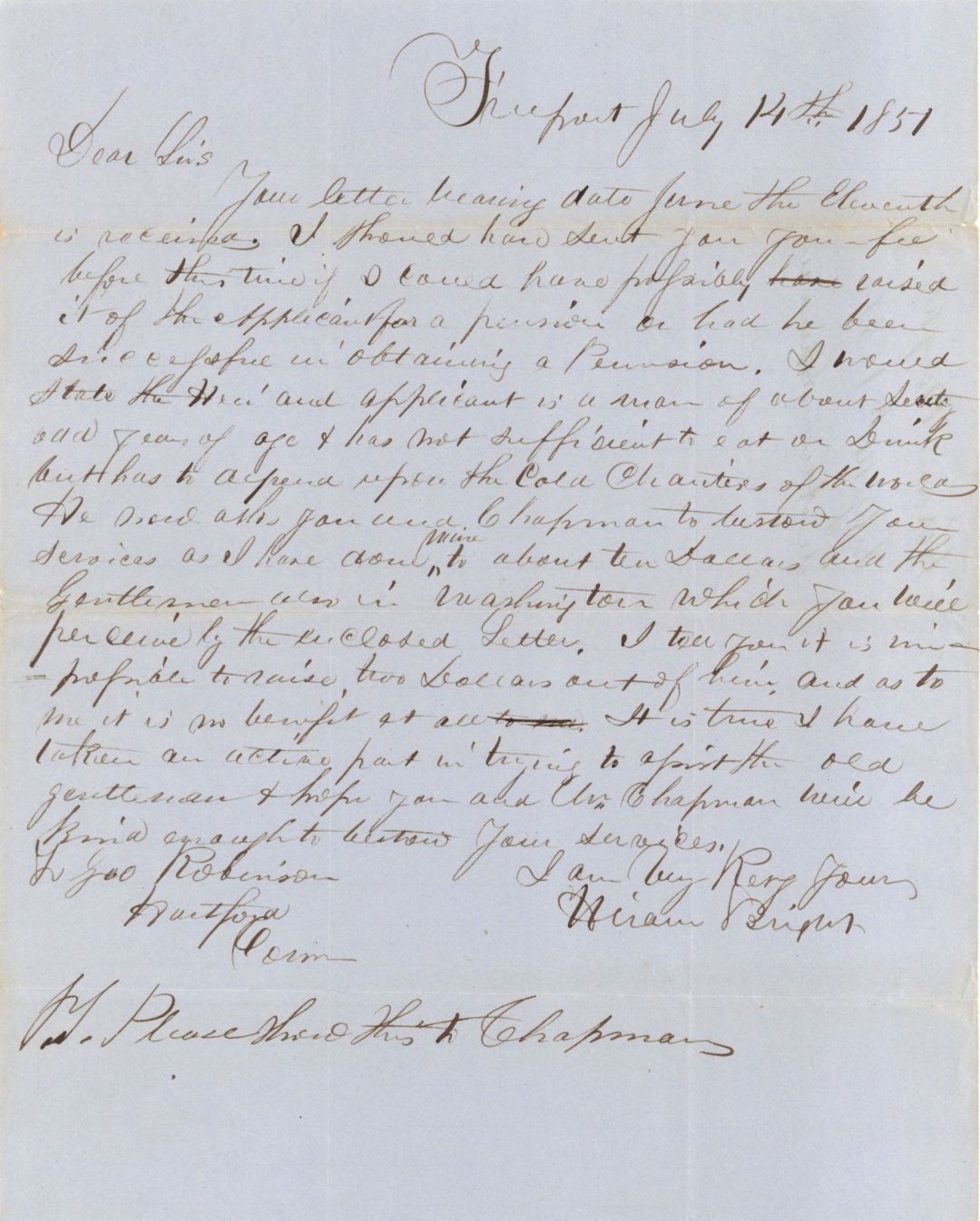 Revolutionary War Pension for Geo Robinson - Connecticut - 1851 dated American Revolutionary War