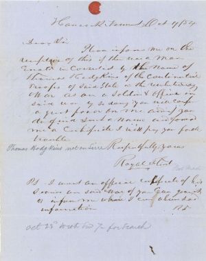 Revolutionary War Pension for Thomas Hodgkins - Connecticut - 1854 dated American Revolutionary War
