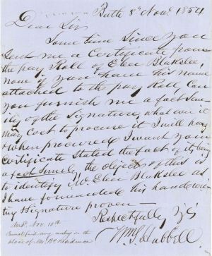 Revolutionary War Pension for Ebec Blackslee- Connecticut - 1854 dated American Revolutionary War