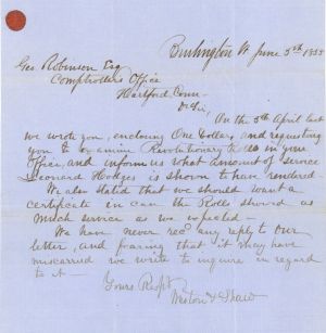 Revolutionary War Pension for Leonard Hodges - Connecticut - 1855 dated American Revolutionary War