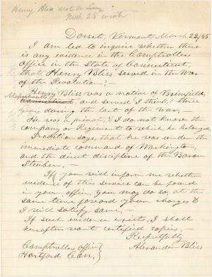 Revolutionary War Pension for Henry Bliss - Connecticut - 1855 dated American Revolutionary War