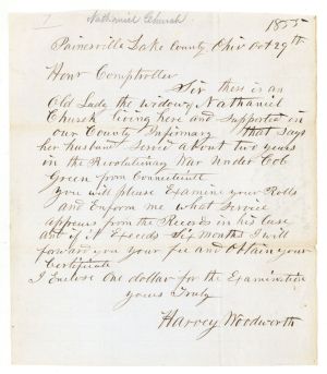 Revolutionary War Pension for Nathaniel Church - Connecticut - 1855 dated American Revolutionary War