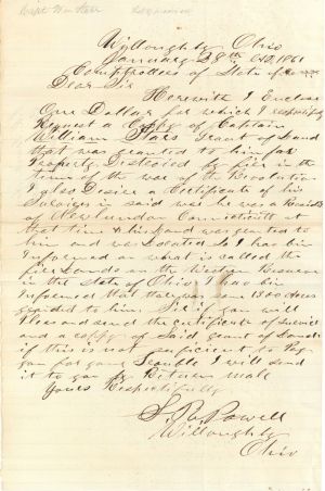 Revolutionary War Pension for Captain William Starr - Connecticut - 1861 dated American Revolutionary War