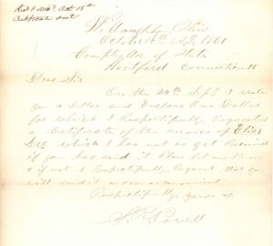 Revolutionary War Pension for Elias Lee - Connecticut - 1861 dated American Revolutionary War