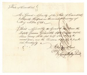 Pay Order signed by Oliver Wolcott, Jr.  - Connecticut - 1781 dated American Revolutionary War