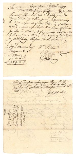 1777 dated Oliver Ellsworth and William Pitkin signed Revolutionary War Pay Order - Connecticut - American Revolutionary War Autograph