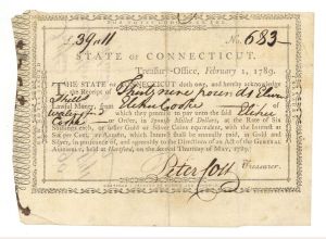 State of Connecticut Receipt Signed by Peter Colt - 1789 dated Uncancelled Connecticut Revolutionary War Bonds 