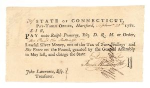 1781 dated Pay Table Office Order signed by Hezekiah Rogers - American Revolutionary War Autograph