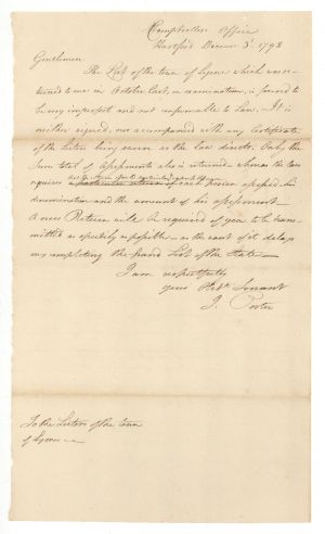1798 dated Letter from Comptroller Office - American Revolutionary War Document