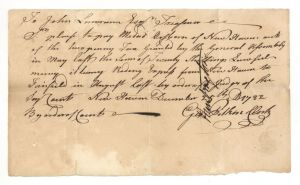 1782 dated Pay Order signed by Jed Huntington and George Pitkin and issued to John Lawrence - Autograph