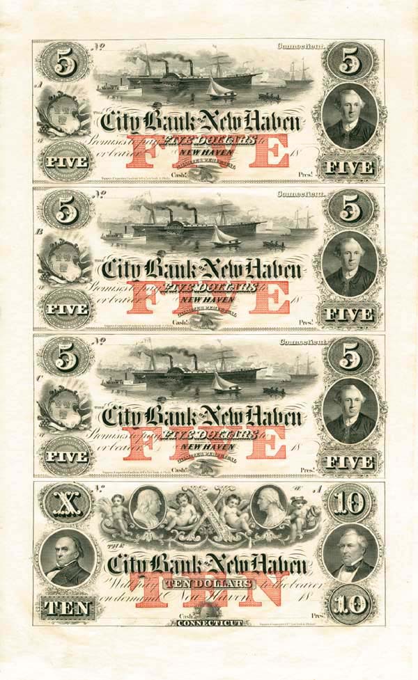 City Bank of New Haven Uncut Obsolete Sheet - Broken Bank Notes