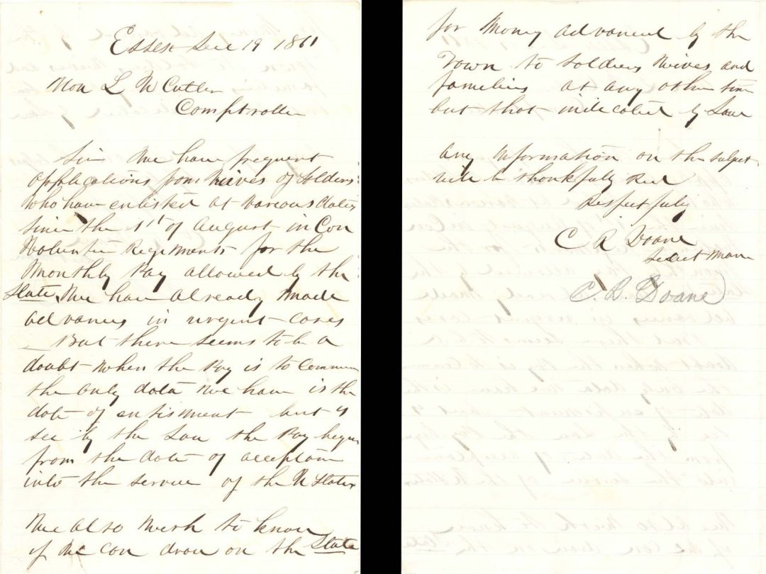 Letter Regarding Civil War Soldiers Payments - 1861 dated Civil War Document