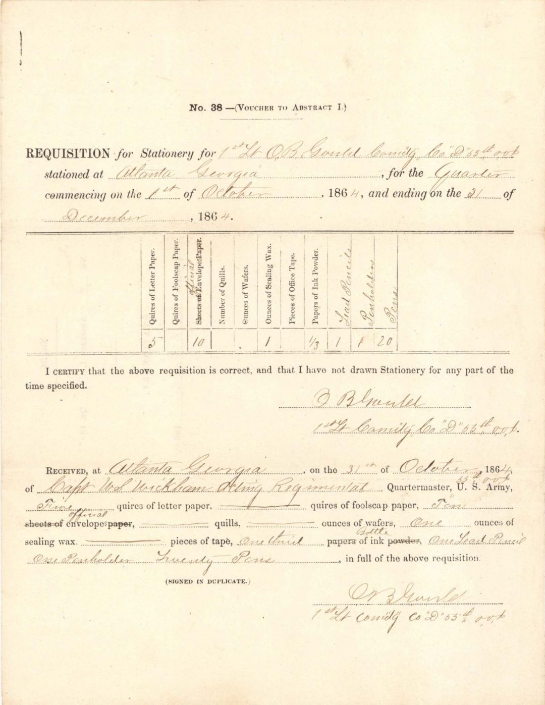 Civil War Voucher - 1864 dated Civil War Document