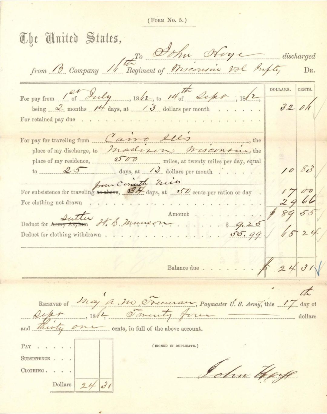 Civil War Discharge Paper - 1862 dated Civil War Document