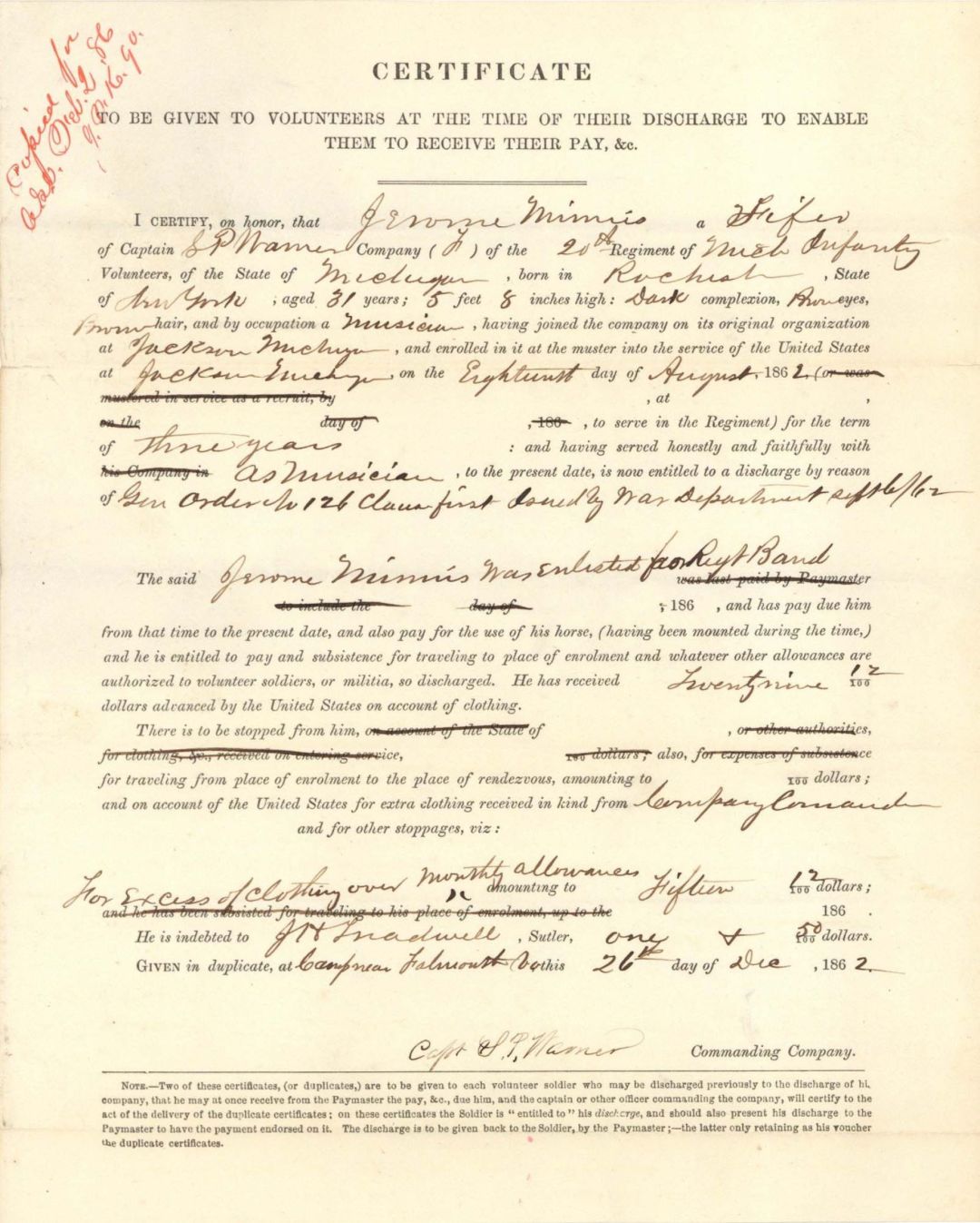 Civil War Discharge Certificate - 1862 dated Civil War Document