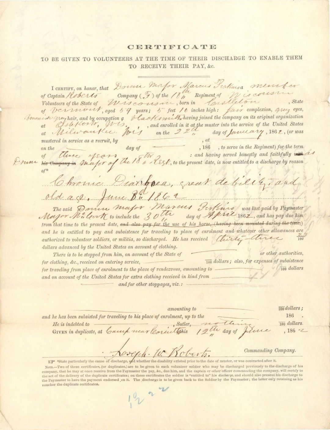 Civil War Discharge Certificate - 1862 dated Civil War Document