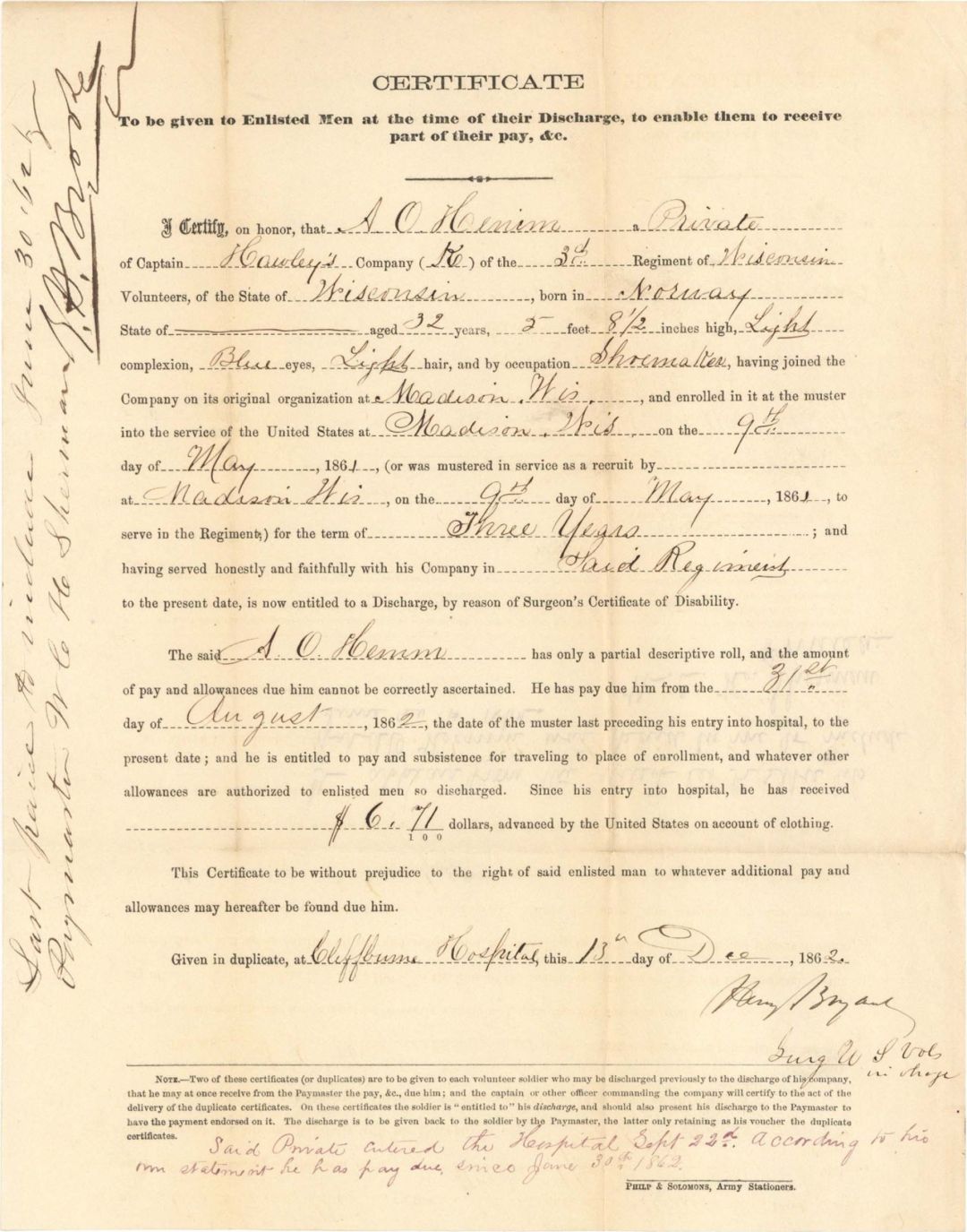 Civil War Discharge Certificate - 1862 dated Civil War Document