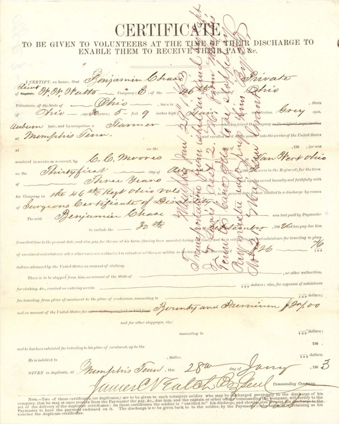 Civil War Discharge Certificate - 1863 dated Civil War Document