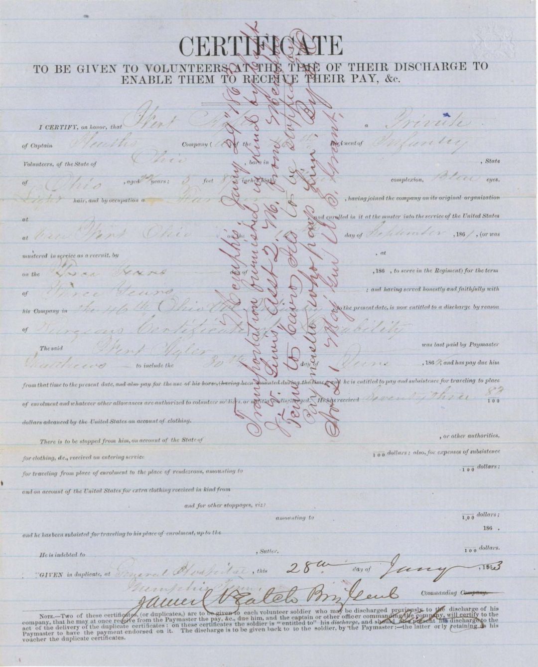 Civil War Discharge Certificate - 1863 dated Civil War Document