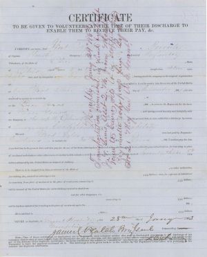 Civil War Discharge Certificate - 1863 dated Civil War Document