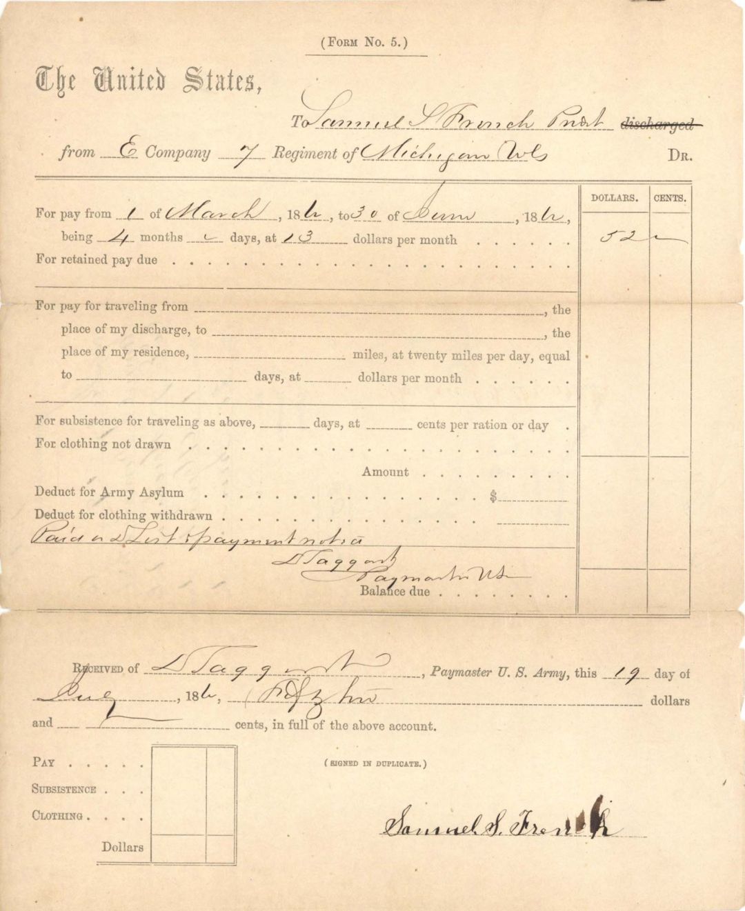 Civil War Payment Paper - 1862 dated Civil War Document