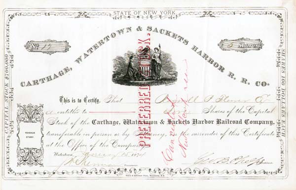 Carthage, Watertown & Sackets Harbor Railroad - Railway Stock Certificate