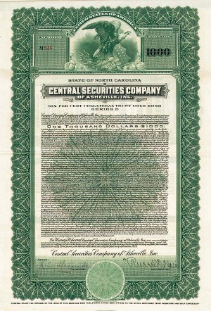 Central Securities Co. of Asheville, Inc. - $1,000 6% Gold Bond (Uncanceled)